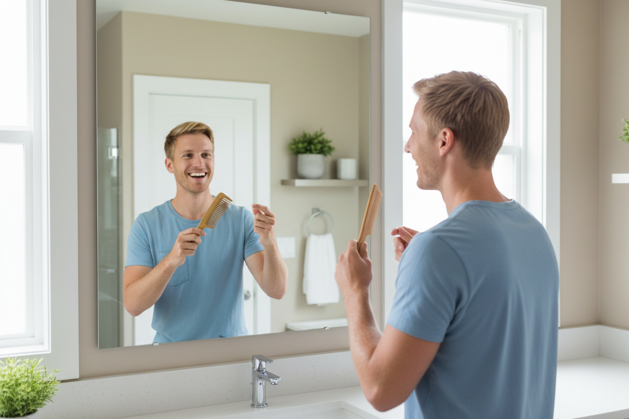Il est en t-shirt et  il est heureux.