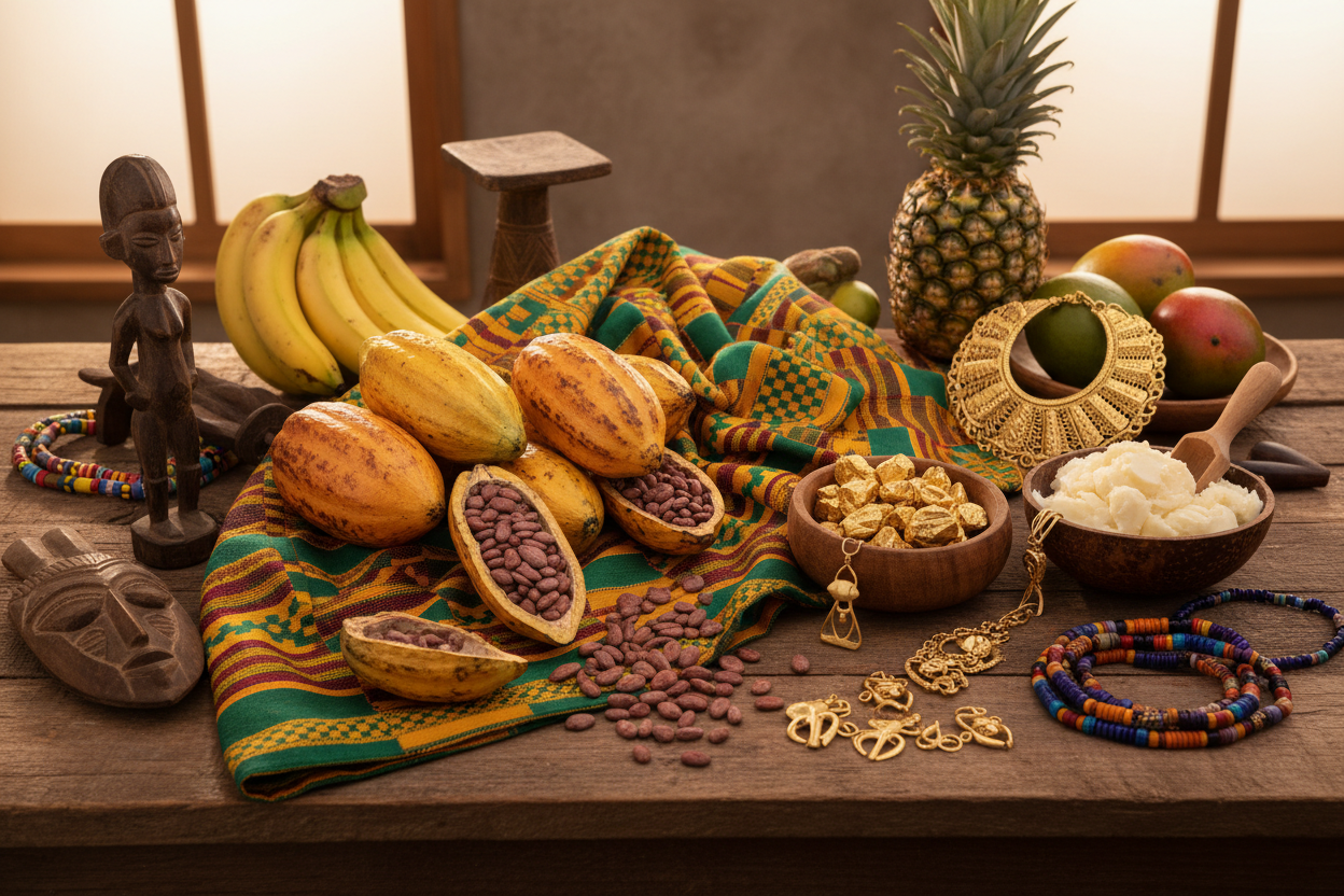 Sur une table poser une partie des richesses du Ghana.