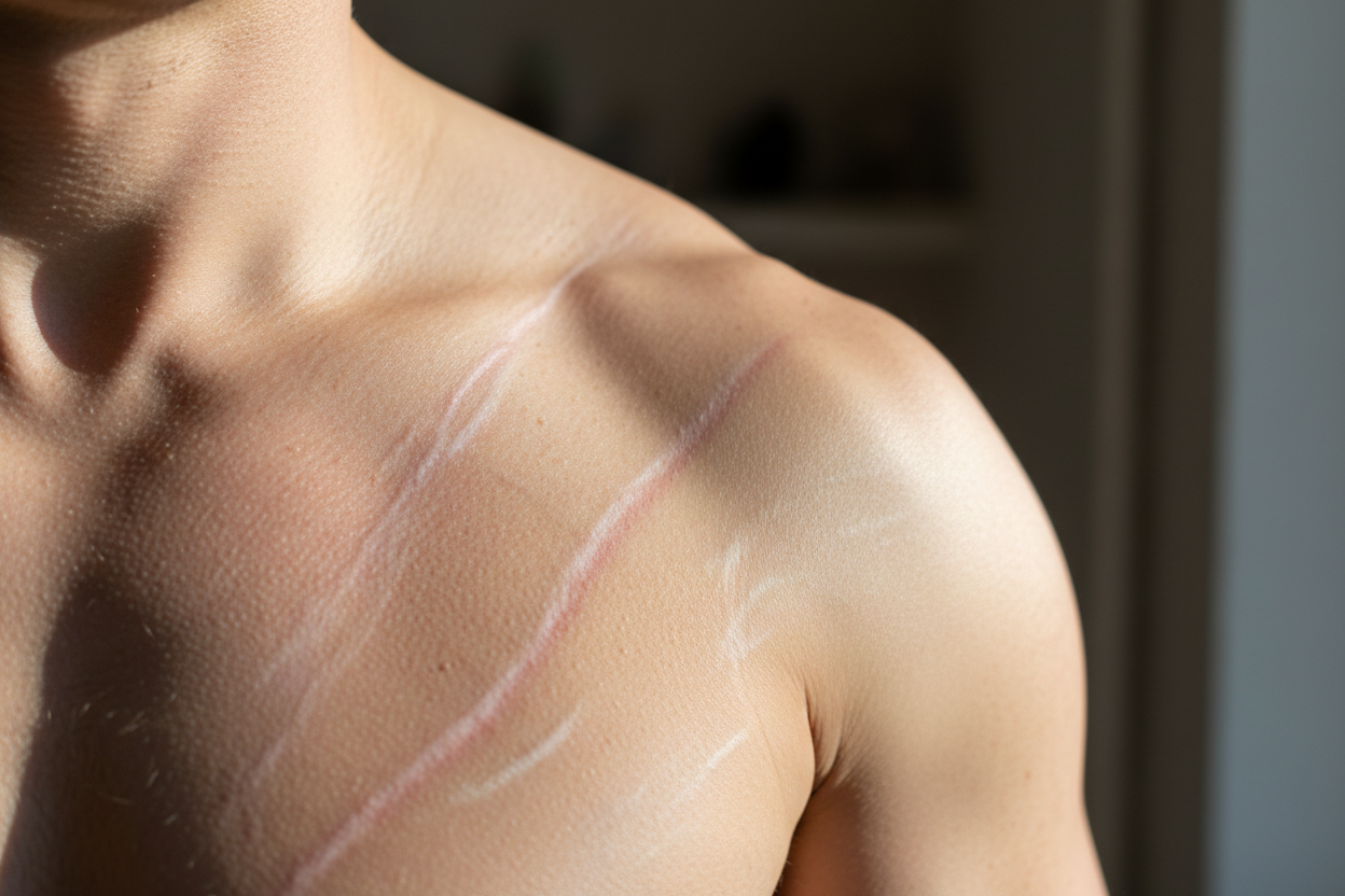 Un homme européen avec des vergetures sur les épaules.