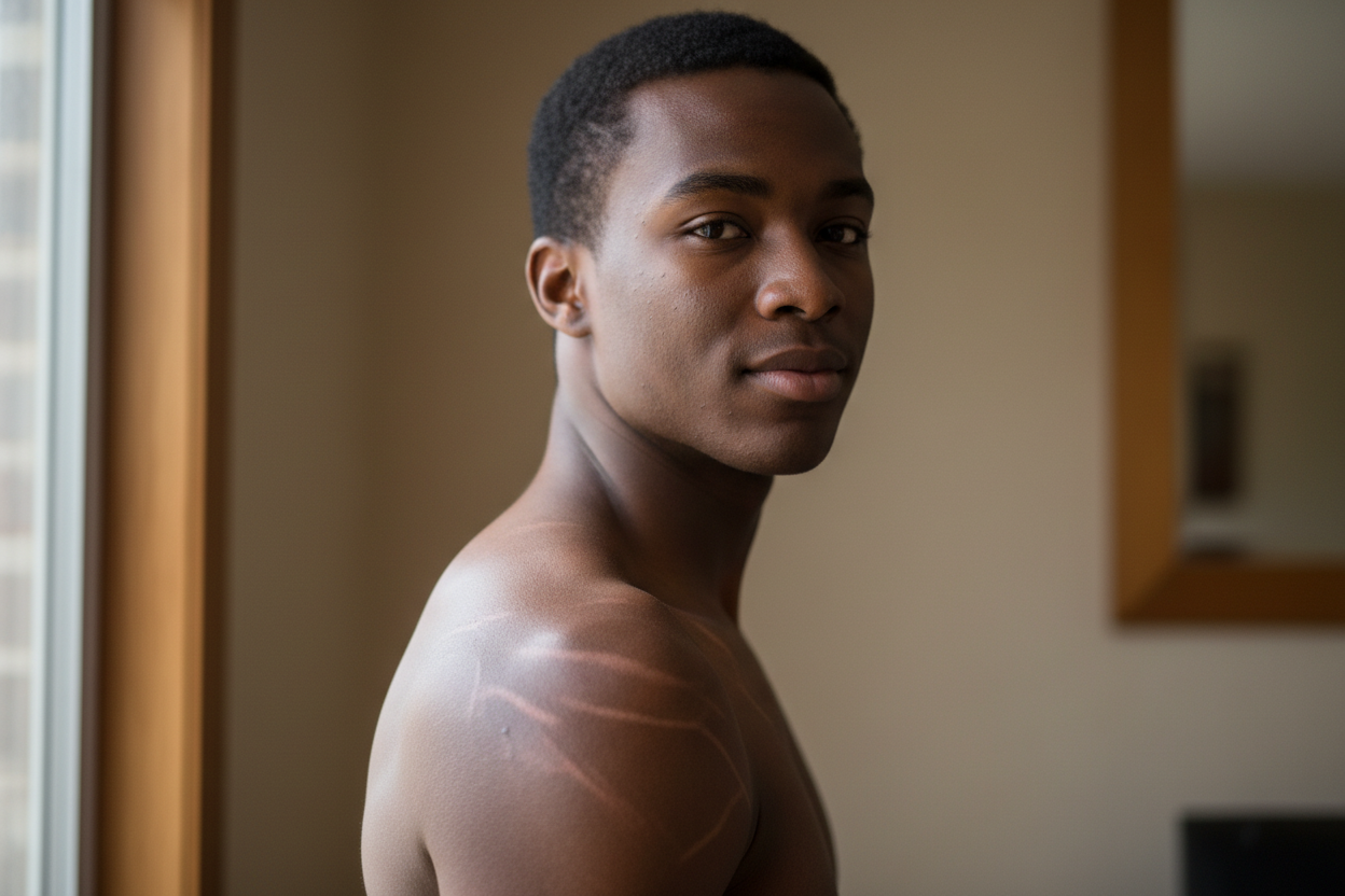 Un jeune homme noir avec des vergetures sur les epaules..