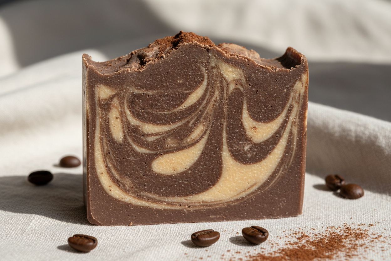 Un savon à motif marbré à la poudre de cacao et au café