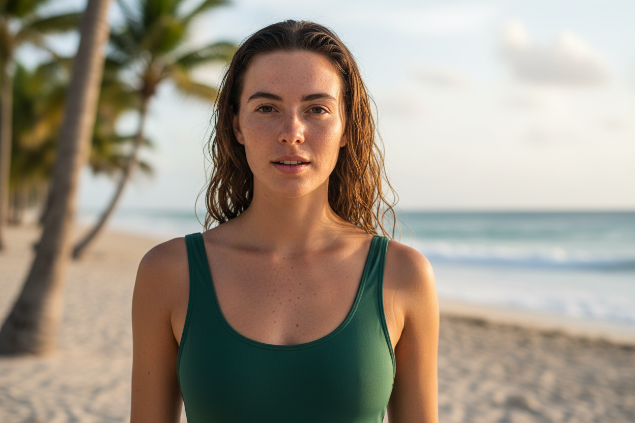 Une jeune femme avec teint non uniforme en maillot de bain une pièce vert