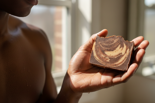 Une jeune homme noir avec des petites vergetures sur les épaules. Il tient un savon au cacao et café effet marbré dans une main.